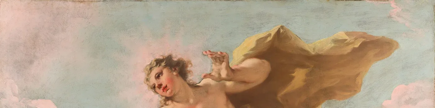 Apollo raises an open hand among pink clouds, his golden cloak billowing across a pale blue sky