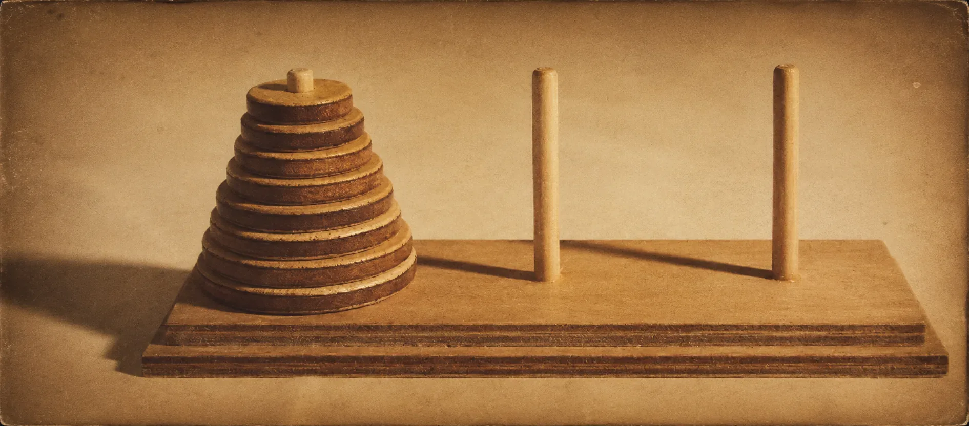 Retro-styled Tower of Hanoi puzzle with three rods and a stack of decreasing wooden disks
